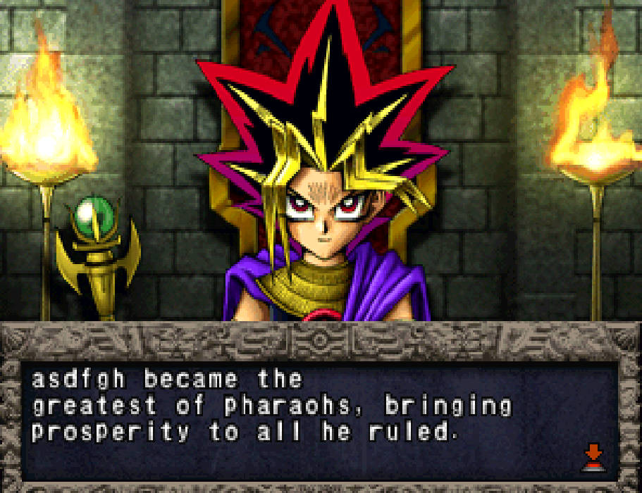 A screenshot of Yu-Gi-Oh Forbidden Memories, showing the 'pharaoh' main character on a throne with text reading 'asdfgh became the greatest of the pharaohs, bringing prosperity to all he ruled.'
