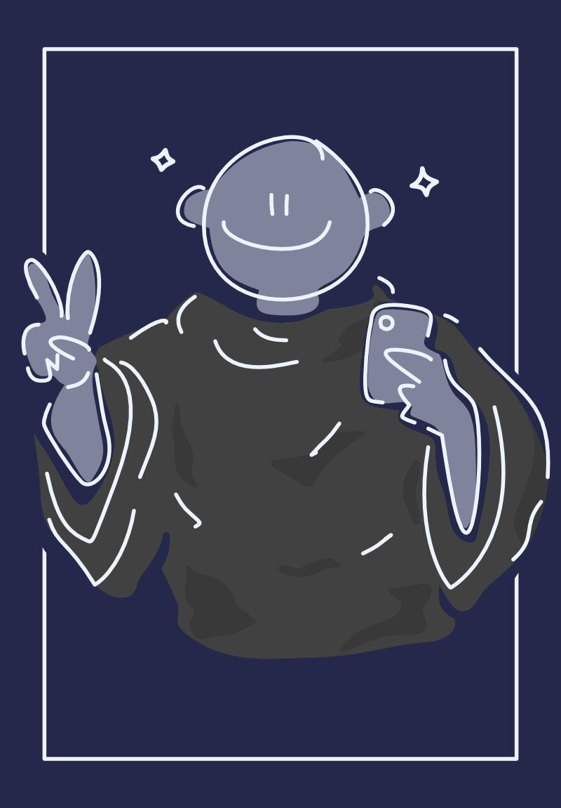 A stylised doodle of a bald-headed person standing up, wearing a loose blanket while smiling. In one hand they hold their phone, and in the other they point their index & middle fingers up with their palm facing the viewer. There's a light grey rectangle framing the person. There are decorative sparkles either side of their head.