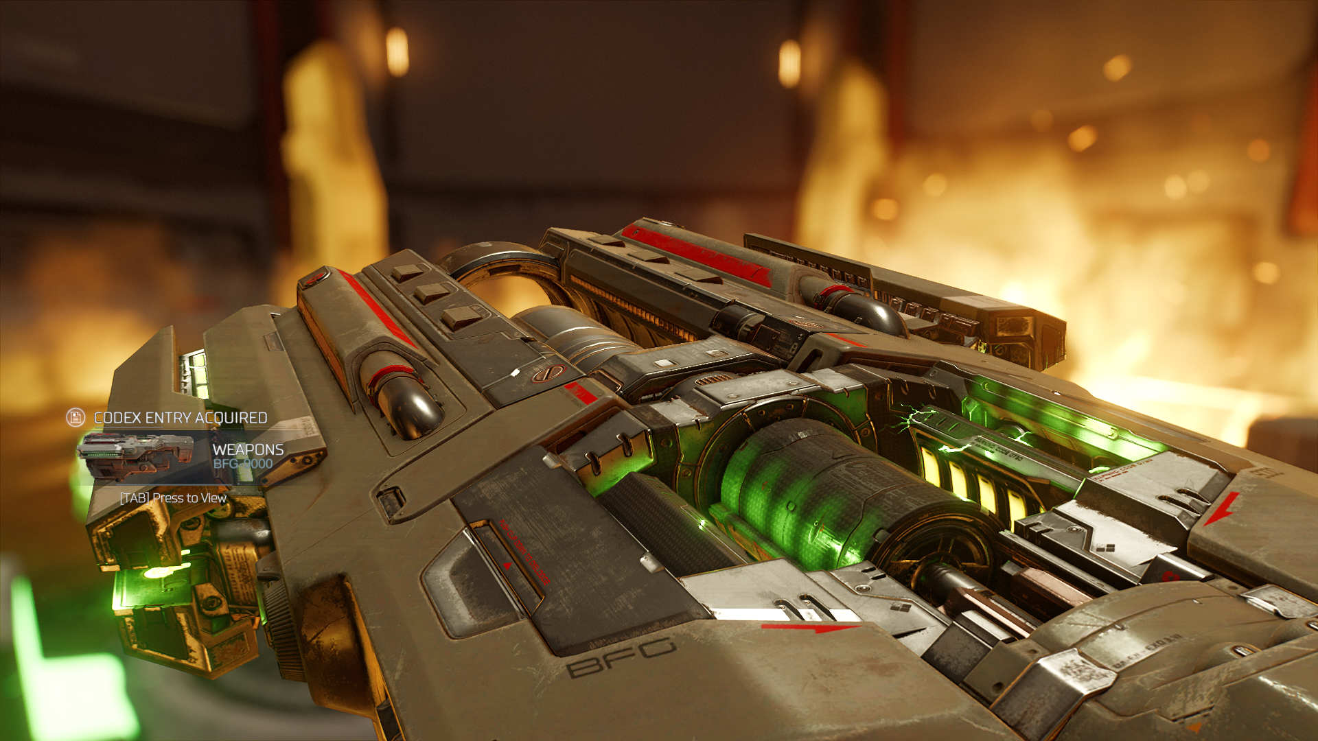 A screenshot from Doom (2016) showcasing the new 'BFG'. The weapon is a silver metallic slab with a black cylinder as the barrel. Green energy radiates from it.