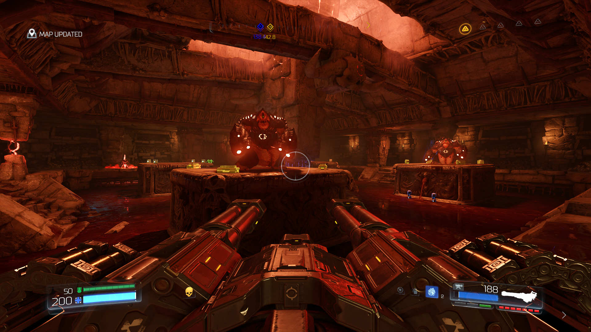 A screenshot from Doom (1993). Two 'Mancubus' enemies stand atop pillars, facing the player. The room is made out of intricate carved stones, with openings to an orange sky above.