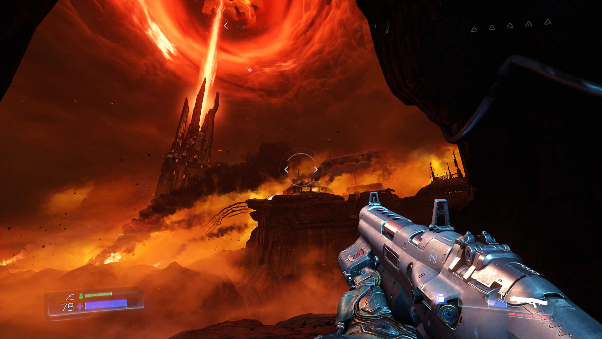 A screenshot from Doom (1993). The player stands on the surface of mars. In the distance, smoke towers from sci-fi buildings To the left of the screen is a giant tower, casting out a pillar of orange light. Red clouds in the sky swirl around the orange light.