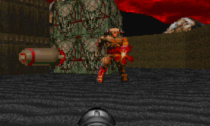 A screenshot from Doom (1993). The Cyberdemon, a massive minotaur like beast, fires missiles from its arm-cannon towards the player. There are satanically decorated pillars behind it, and the sky is a deep red.