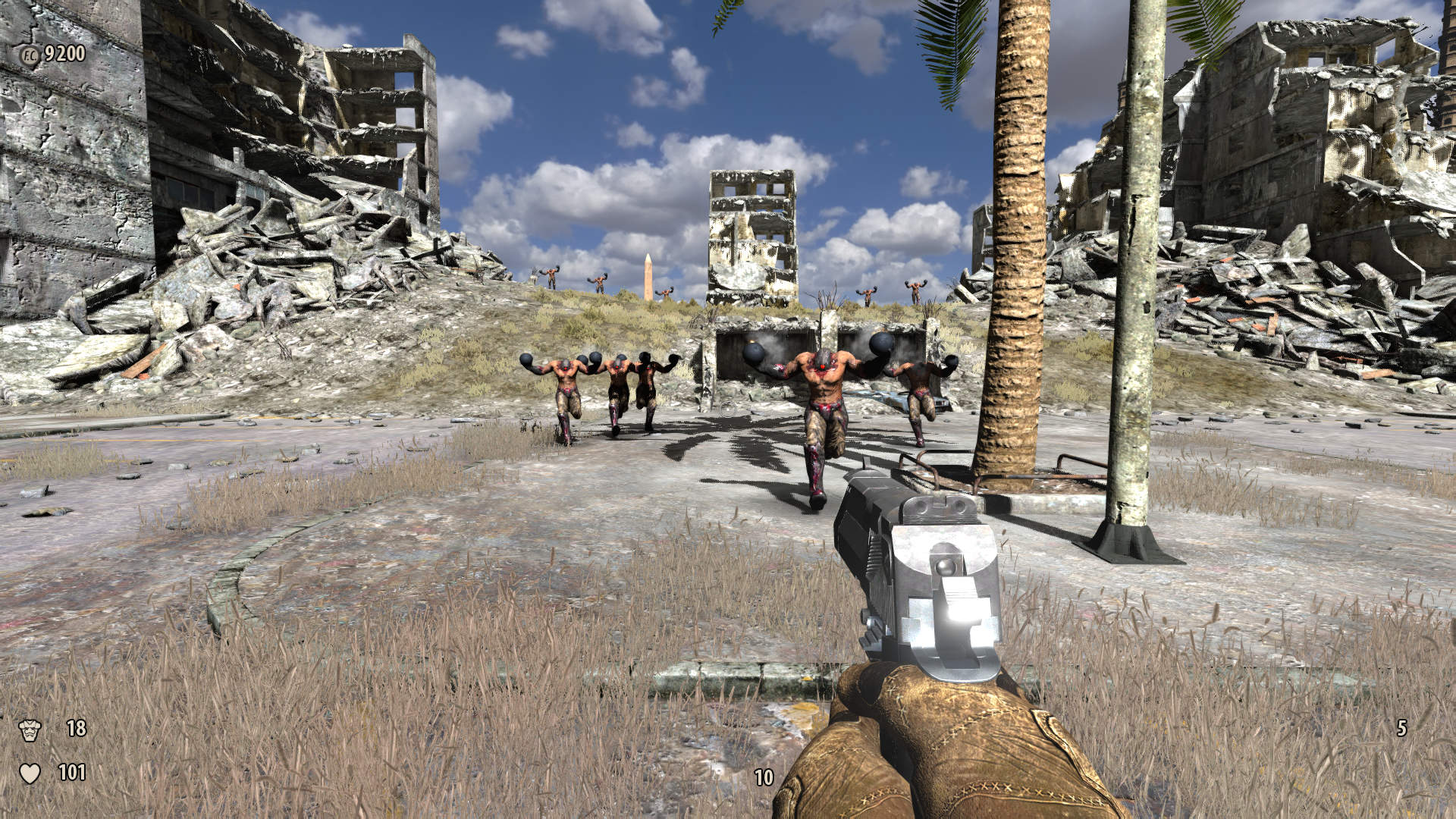 A screenshot of Serious Sam 3. Multiple 'Headless Kamikaze' enemies charge down an incline towards the player. The environment is urban and dusty, with all the colours muted & desaturated.
