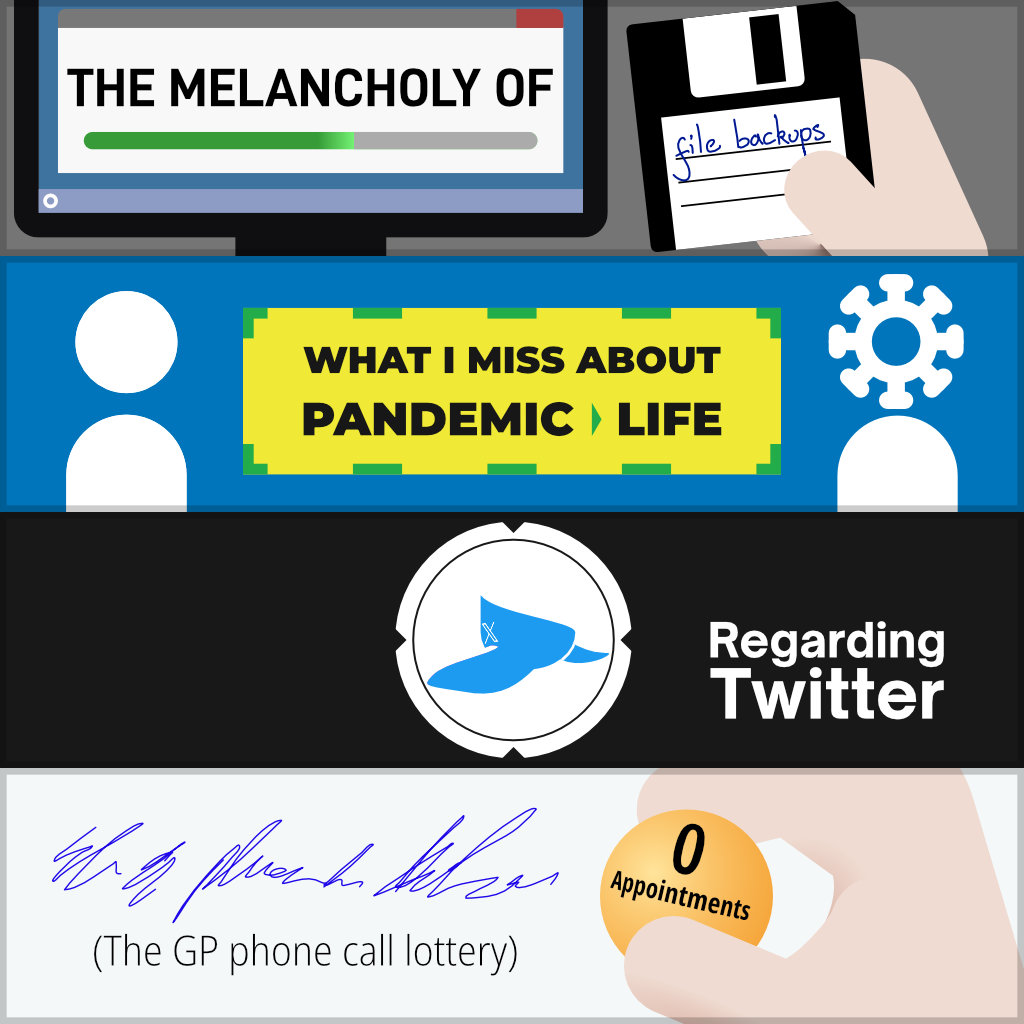 A selection of banners for different blog posts. 'The melancholy of file backups', 'What I miss about pandemic life', 'Still yearning for perpetual August', and 'Revisiting the Steam Controller'