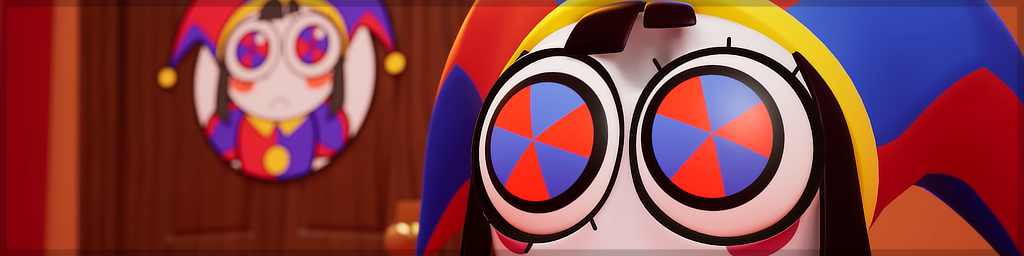 A cropped screenshot from 'The Amazing Digital Circus' episode 6. There's a close up of a 3D cartoon jester named Pomni, staring in the distance with wide eyes. Her pupils are dilated, with a blue & red pattern to them. In the background is a wooden door with a portrait of the jester, matching her current expression.