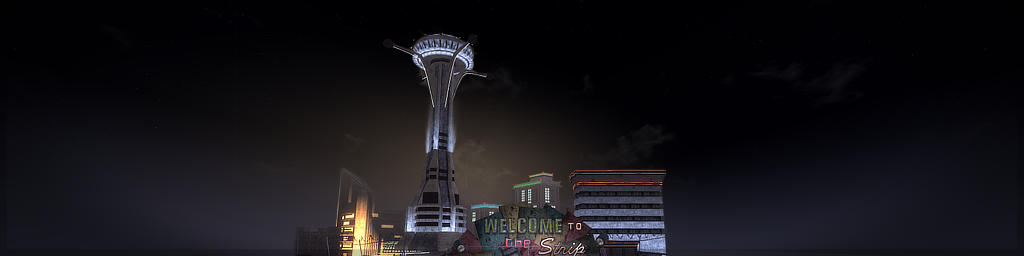 A cropped screenshot from 'Fallout New Vegas'. There's a dark night sky, illuminated by towering buildings of the Las Vegas strip, a large round tower being the main feature. In front of the distant buildings is a rustic dilapidated sign which reads 'Welcome to the Strip'.
