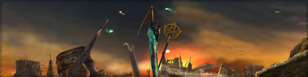 A cropped screenshot from 'Final Fantasy X'. In the background, castle ruins are silhouetted in front of a sunset. In the foreground, a large sword with a glistening blue blade rests standing with its blade in the ground. Beside it, stands a staff with a black handle, and gold, circular top with geometric patterns.