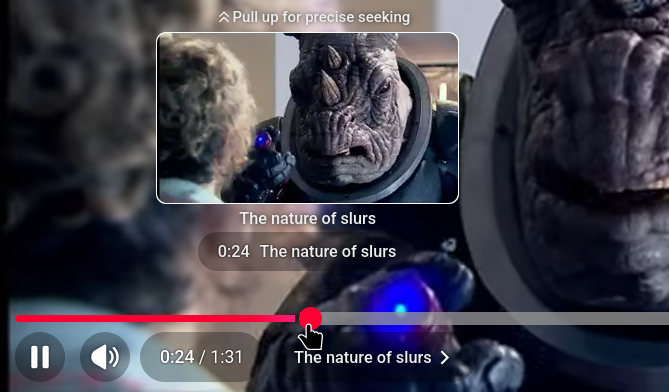 A screenshot of YouTube on a desktop PC. A still frame of a Doctor Who episode shows a Rhino-headed creature facing someone. The section of this video has been labelled by YouTube as 'The nature of slurs'
